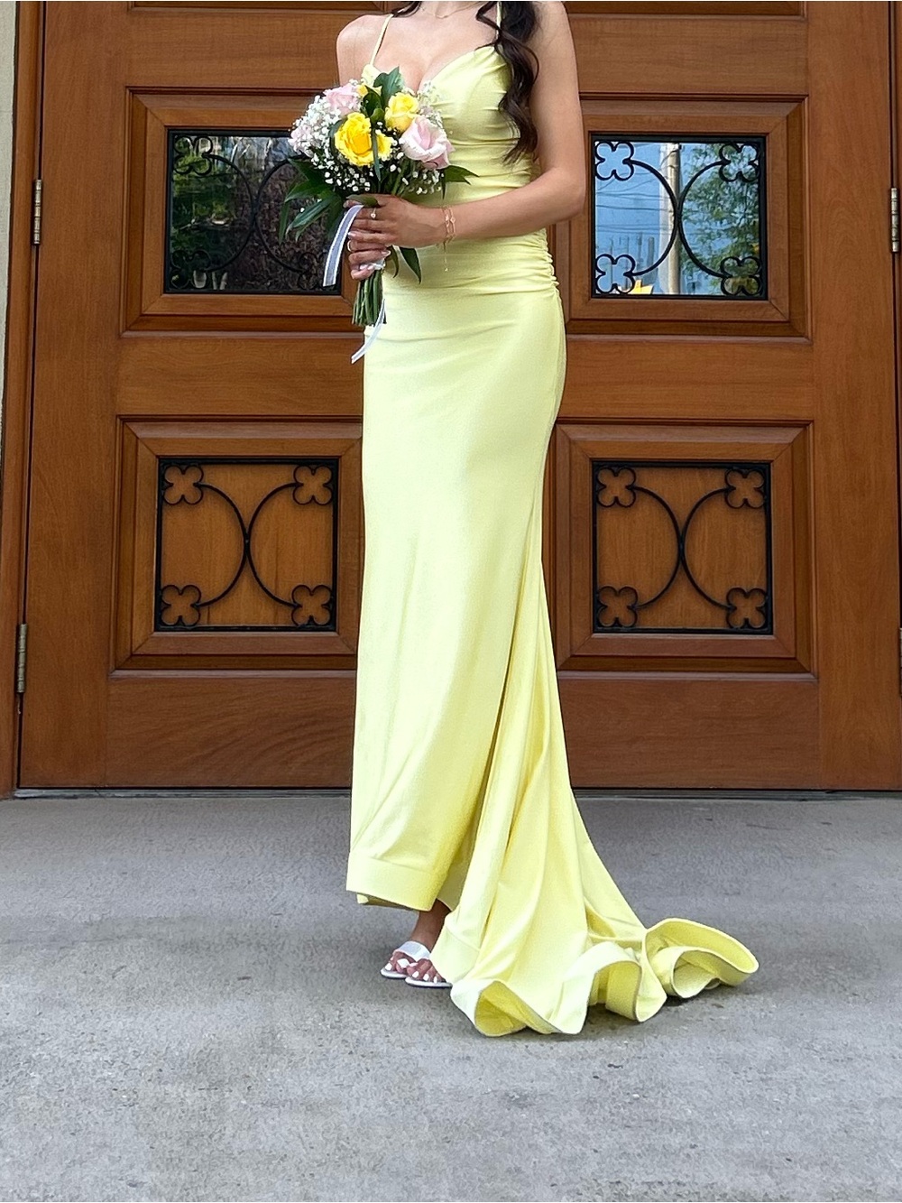 Lemon Yellow Satin Evening Gown